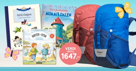 Velkomstpakken fra Barnas Egen Bokverden: tre barnebøker og Bergans-sekken Lilletind 12L i rosa og blått