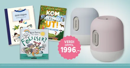 Velkomstpakken fra Barnas Egen Bokverden: tre barnebøker og Kreafunk Glowie-høyttaleren i blått og rosa
