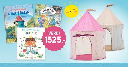 Velkomstpakken fra Barnas Egen Bokverden: tre barnebøker og leketeltet fra Kids Concept i rosa og lyseblått