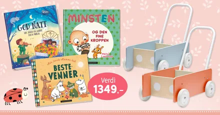 Velkomstpakken fra Barnas Egen Bokverden: tre barnebøker og lær-å-gå-vognen i blått og aprikos