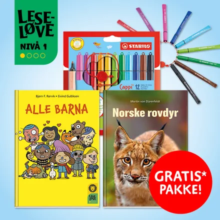 Leseløve nivå 1-velkomstpakken: Norske rovdyr, Alle barna-vitser og 12 Stabilo-tusjer