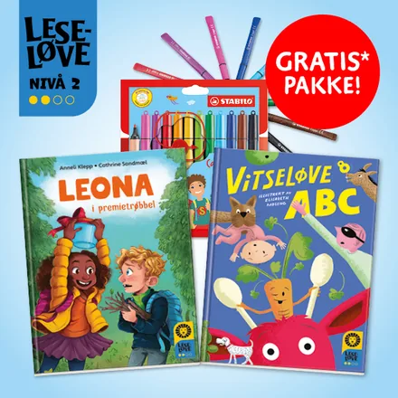 Leseløve nivå 2-velkomstpakken: Leona i premietrøbbel, Vitseløve 8 ABC og 12 Stabilo-tusjer