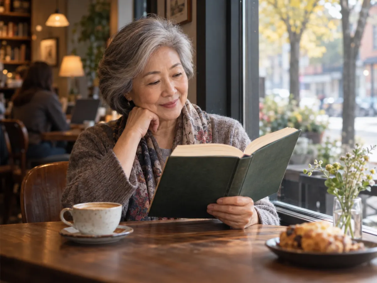 Eldre kvinne leser en bok på en kafé