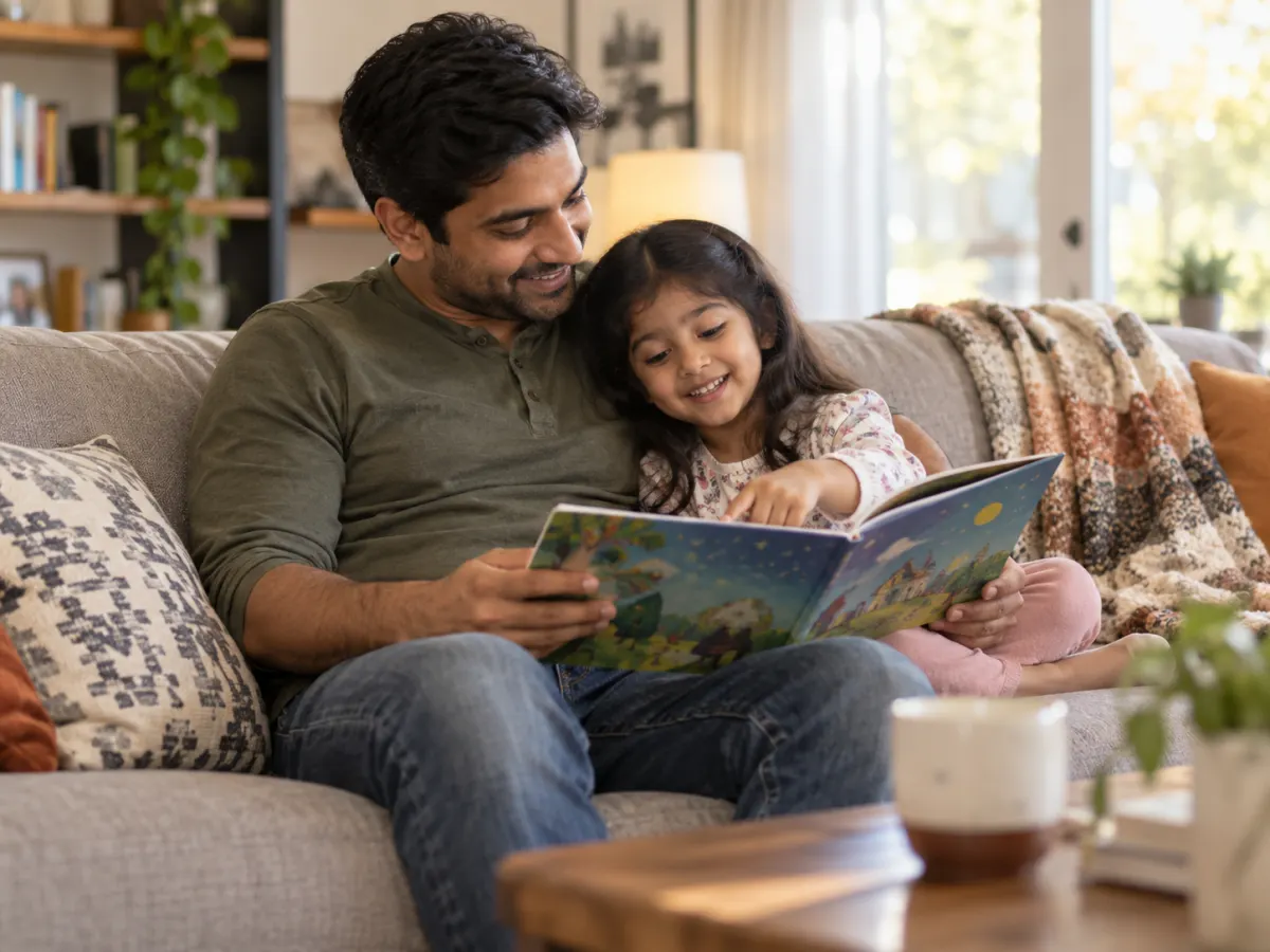 Far og datter leser en bildebok sammen i sofaen