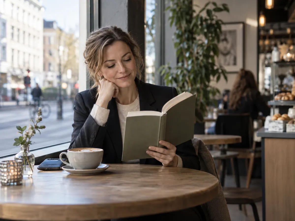 Kvinne leser en bok ved vinduet på en kafé