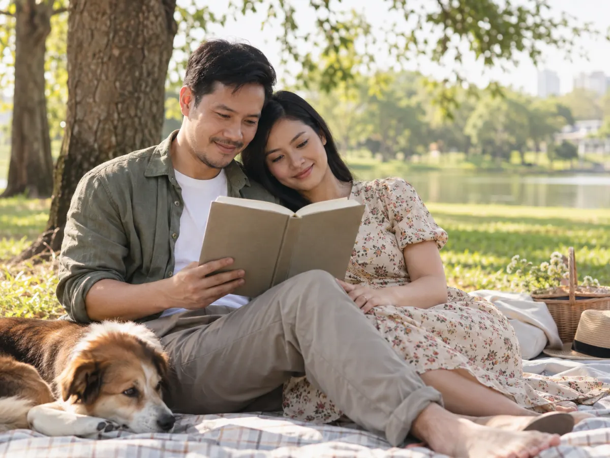 Par leser en bok sammen på et piknikteppe i parken, med hunden ved siden av