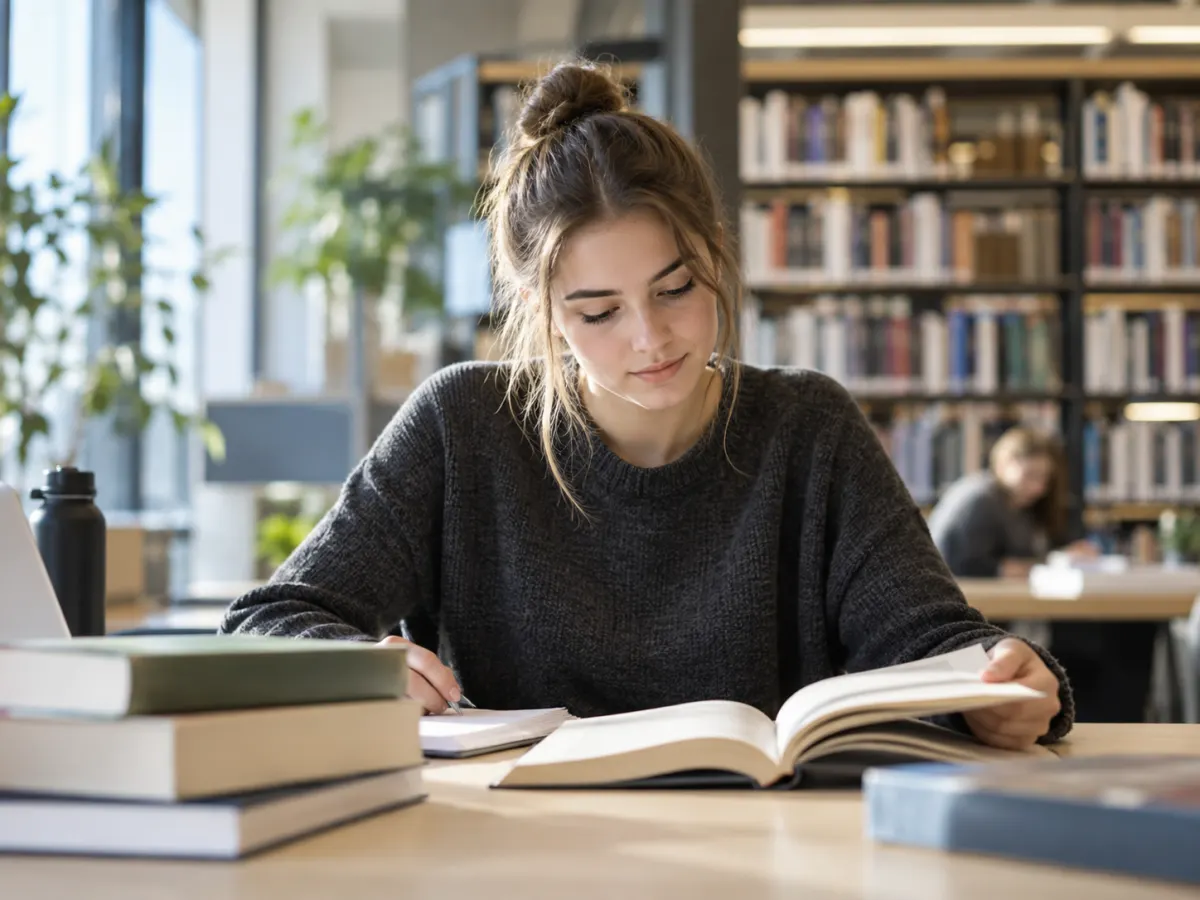 Ung kvinne leser og tar notater på et bibliotek